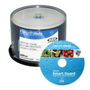 Water resistant, glossy inkjet printable DVD-R, Smart Guard White, (100 pack), Falcon Media